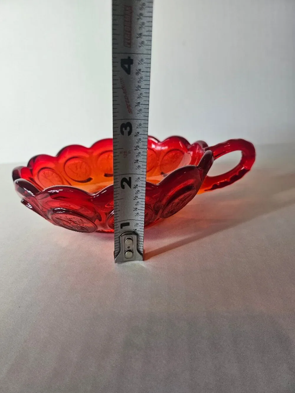 Mid Century Fostoria Amberina Red Liberty Coin Dot Handle Nut Bowl